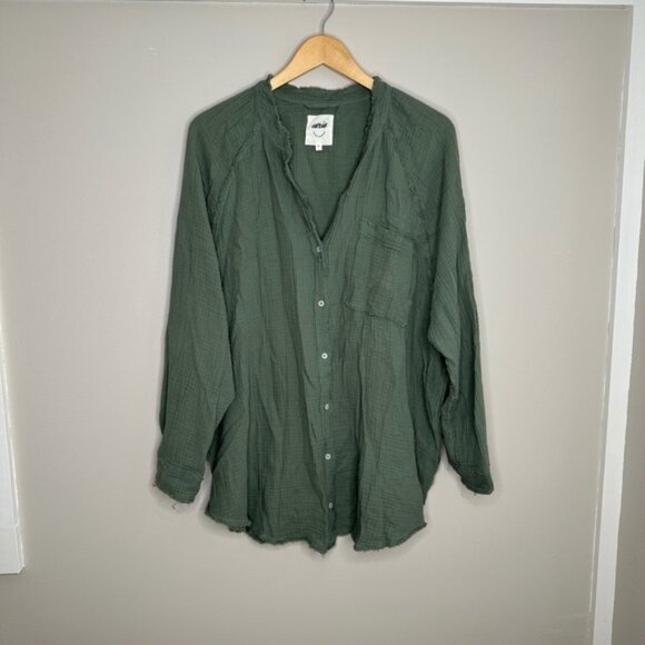 Aerie Women's Olive Green Gauze Button-Down Shirt Tunic Top Xl Loose Fit - Picture 1 of 6